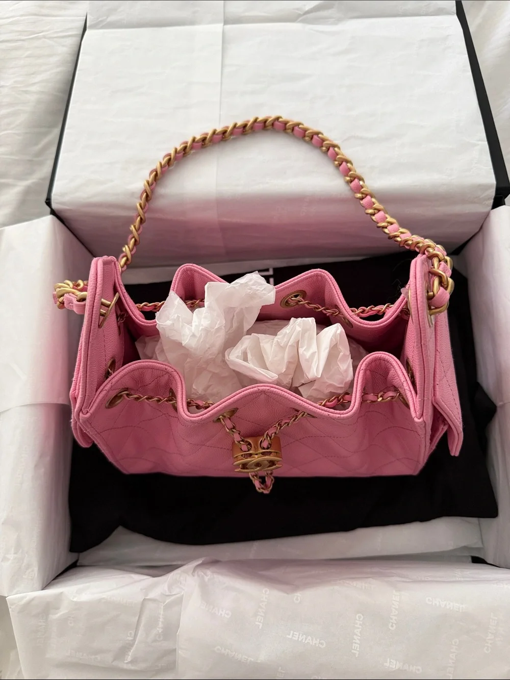 NWT CHANEL MINI Pink 25 Quilted Drawstring Shoulder Bag with Gold Chain